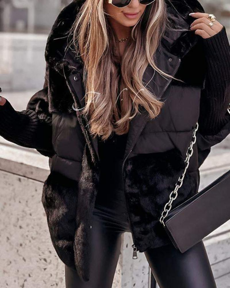 Saffron™ | Faux-Fur Panel Ribbed-Cuff Hooded Puffer Jacket