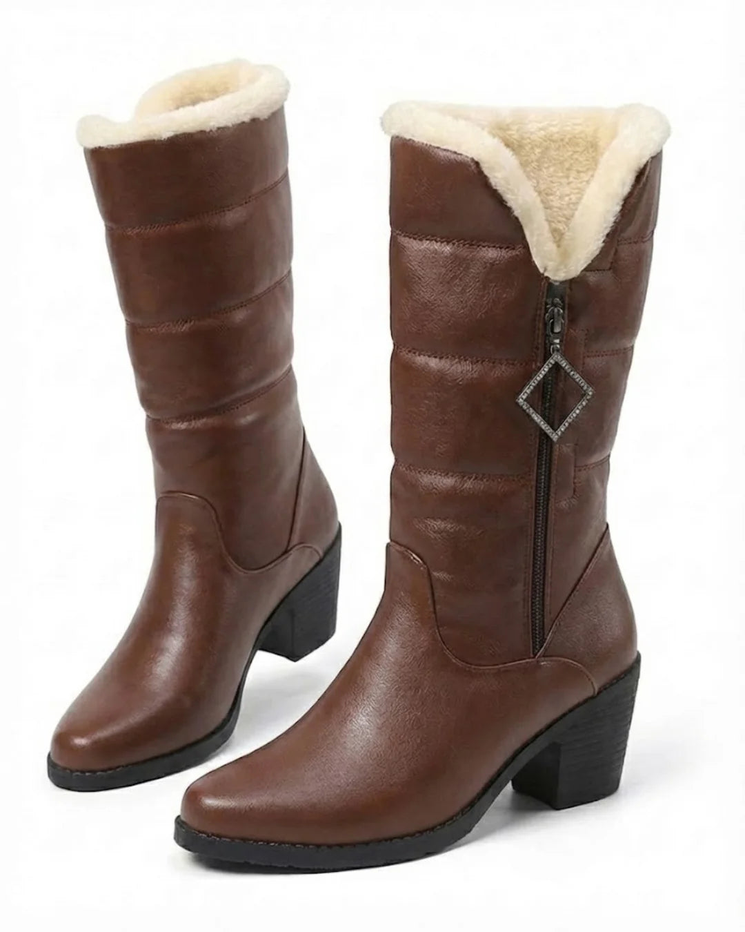 Beryl™ | Faux-fur cuff side-zip heeled knee-high boots