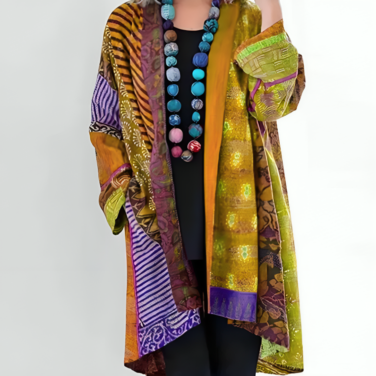 Eden™ | Patchwork Print Open-Front Kimono Cardigan
