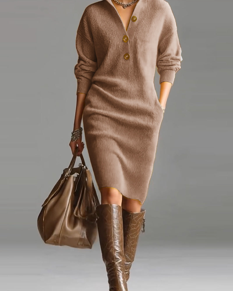 Rosetta™ | Ribbed Knit Button-Front Polo Sweater Dress