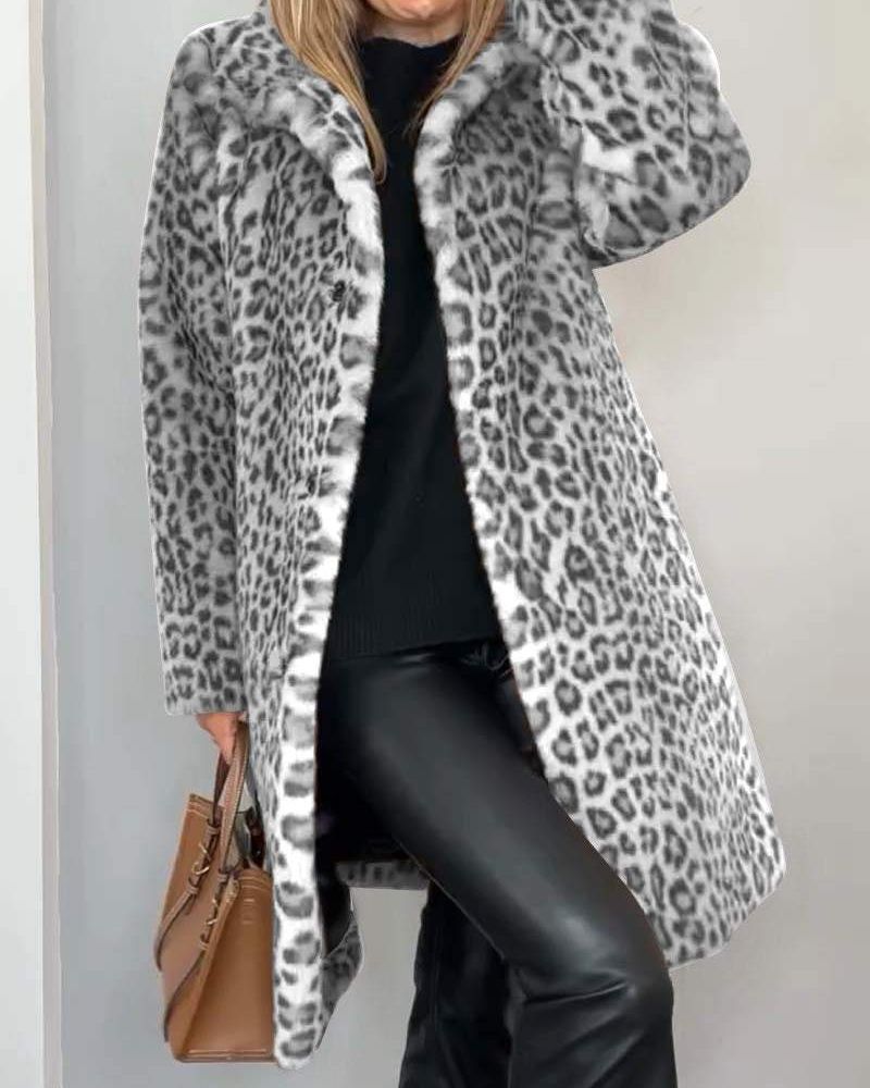 Séverine™ | Leopard Plush Longline Coat Overcoat