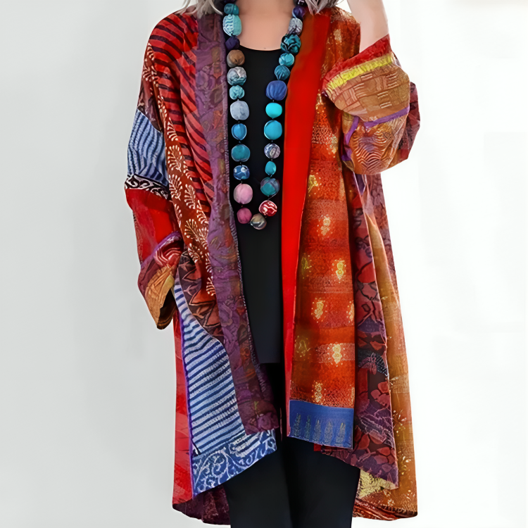 Eden™ | Patchwork Print Open-Front Kimono Cardigan