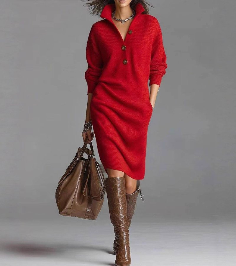 Joyce™ | Button Front Collared Knit Midi Sweater Dress