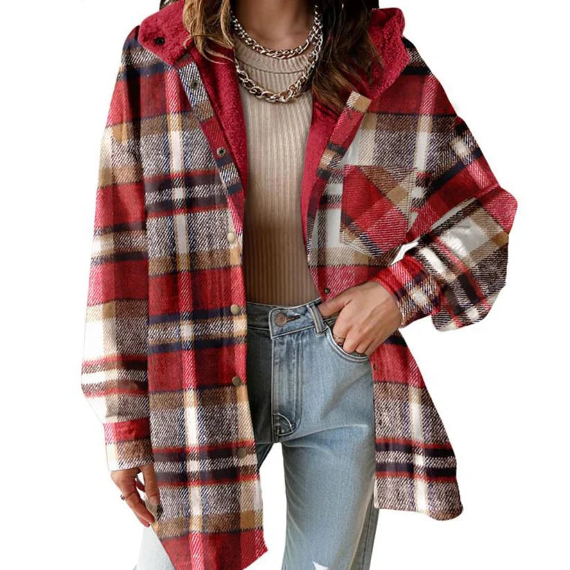 Maeva™ | Plaid Sherpa-Lined Hooded Shirt Jacket