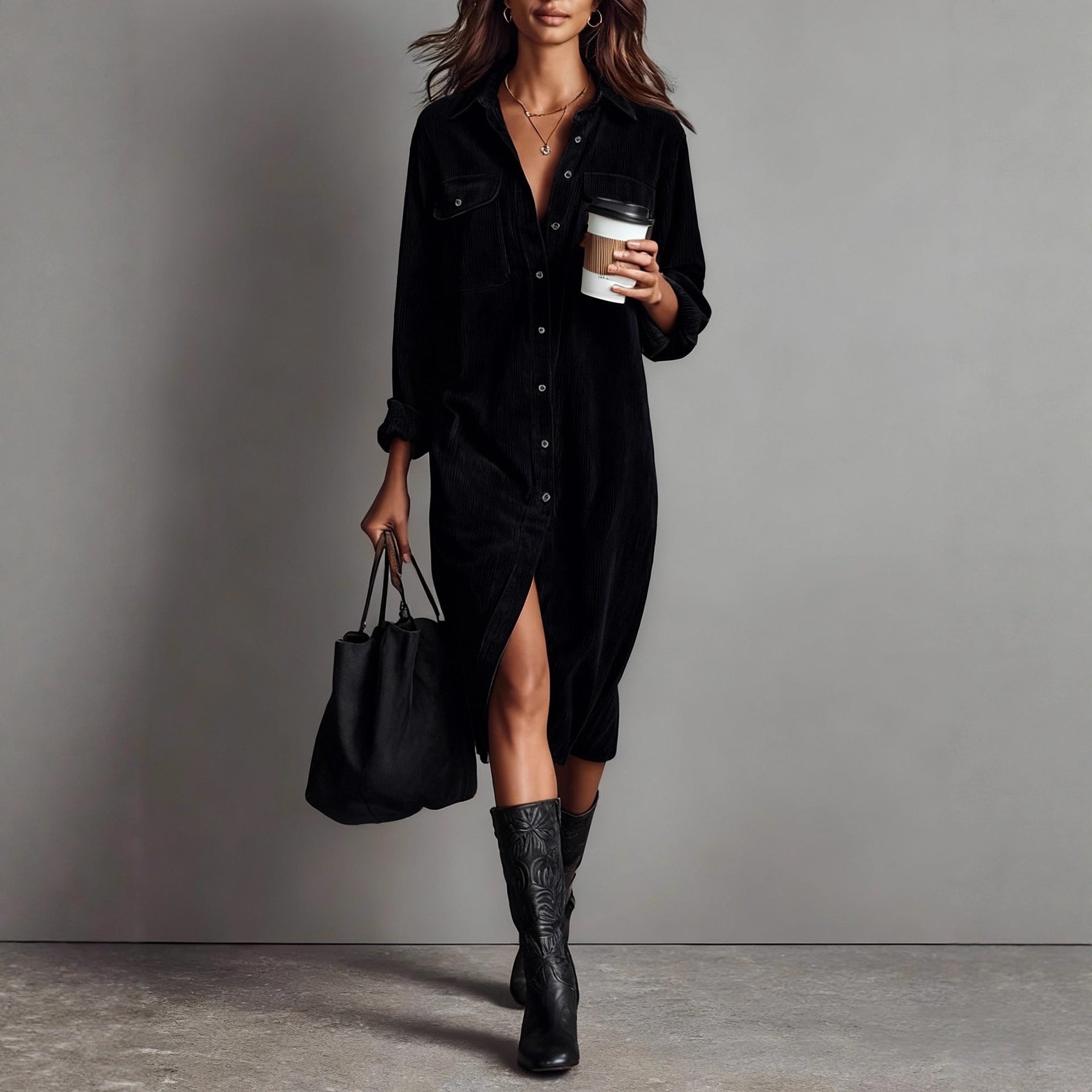 Rosamund™ | Corduroy Button-Front Shirt Dress