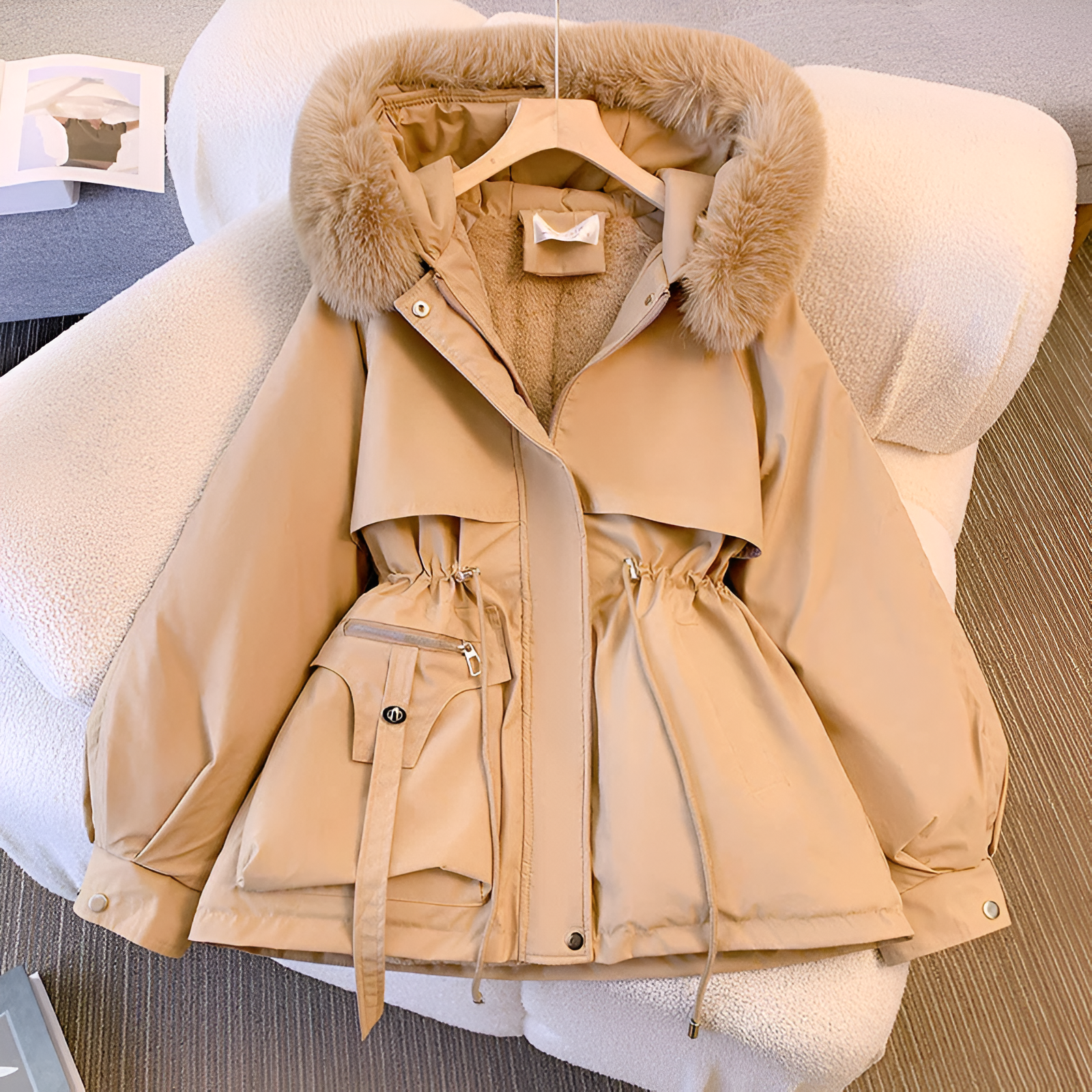 Hanan™ | Faux-Fur Hood Drawstring-Waist Anorak Jacket