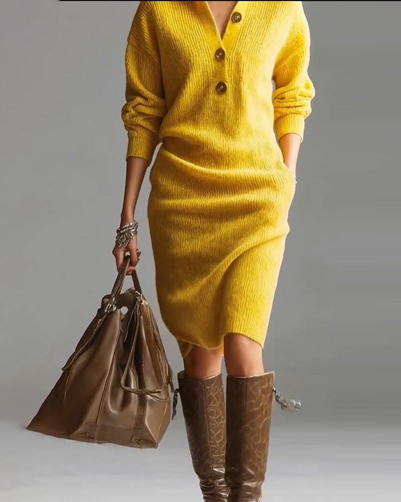 Rosetta™ | Ribbed Knit Button-Front Polo Sweater Dress