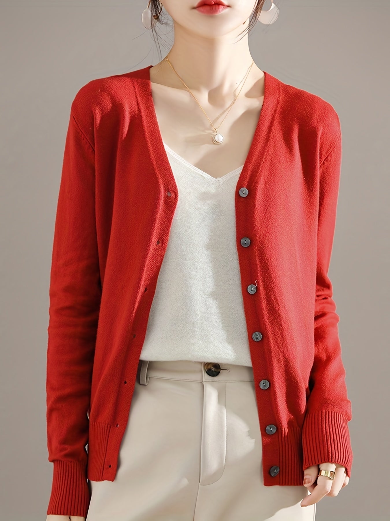 Solène™ | Button-Front Ribbed-Cuff V-Neck Cardigan Sweater