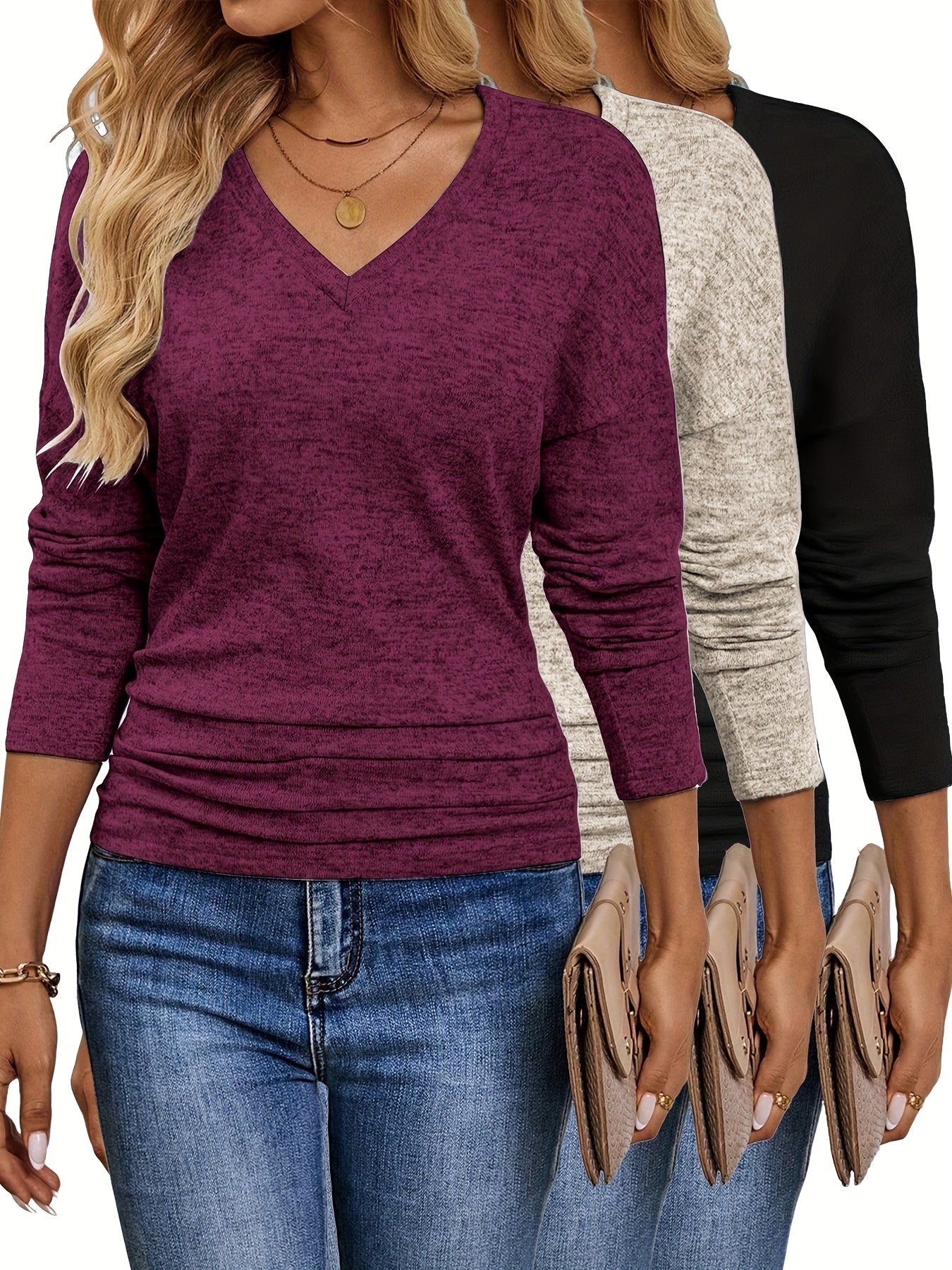 Maura™ | Soft and Stretchy V-Neck T-Shirt | 3-Pack Colors