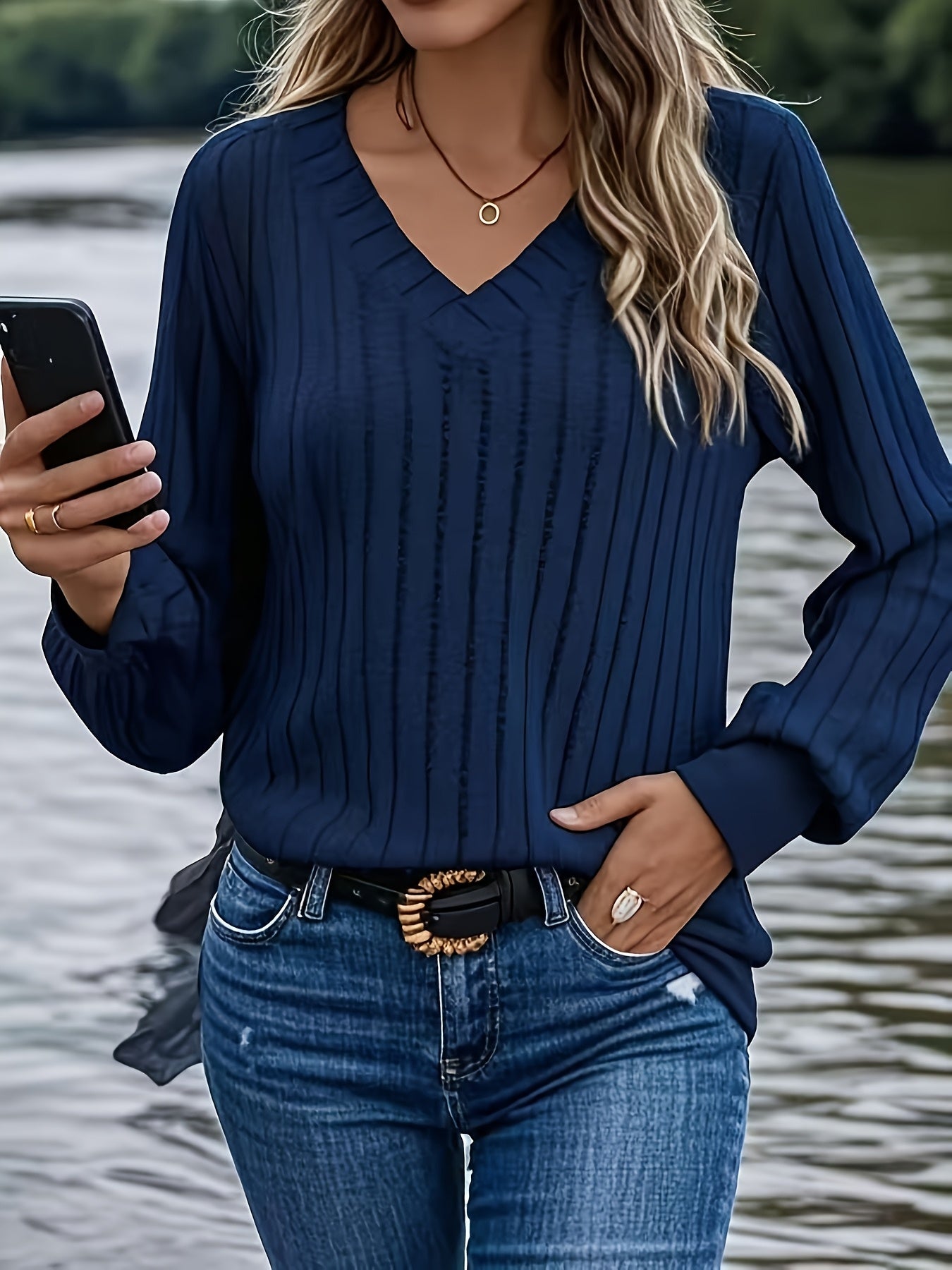 Anouk™ | Ribbed Knit Long-Sleeve V-Neck Pullover Sweater