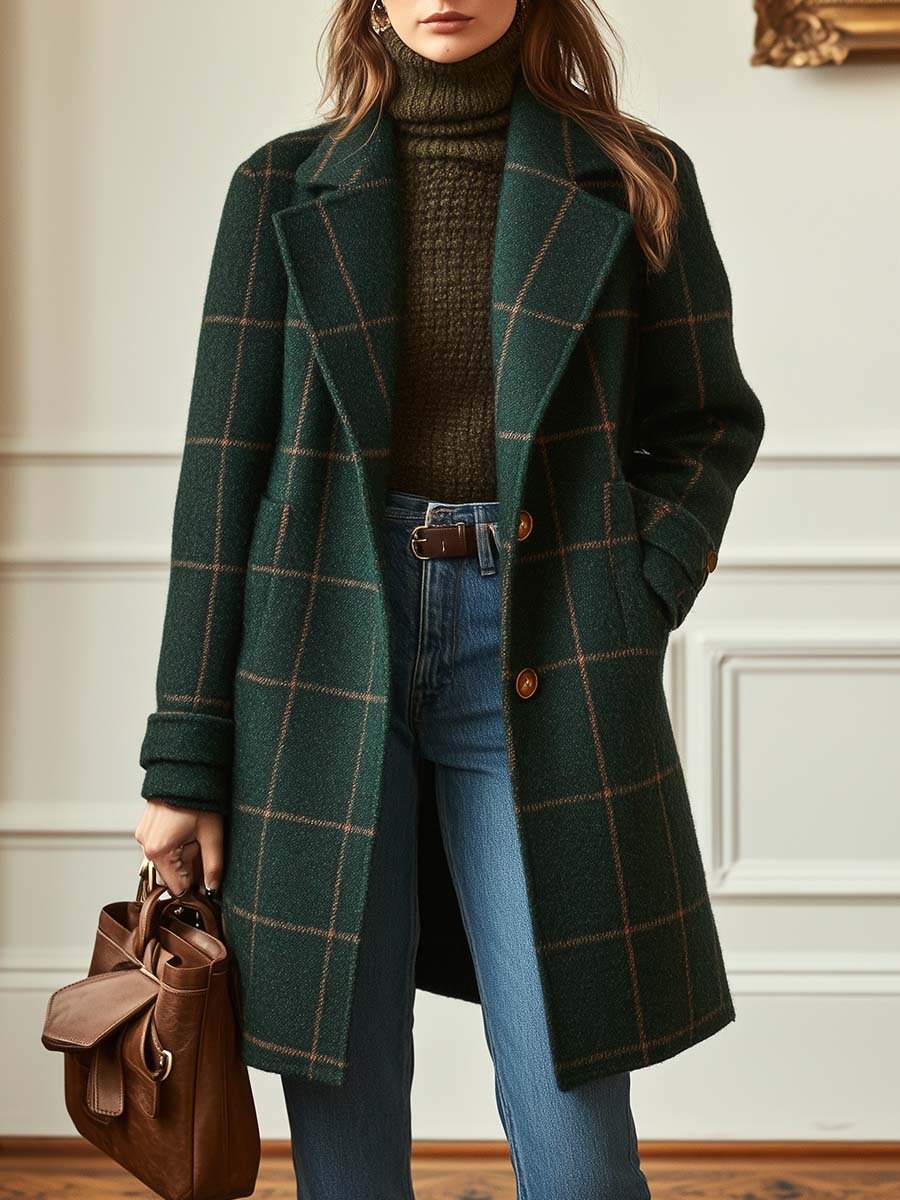 Gemma™ | Windowpane Check Single-Breasted Notched-Lapel Coat