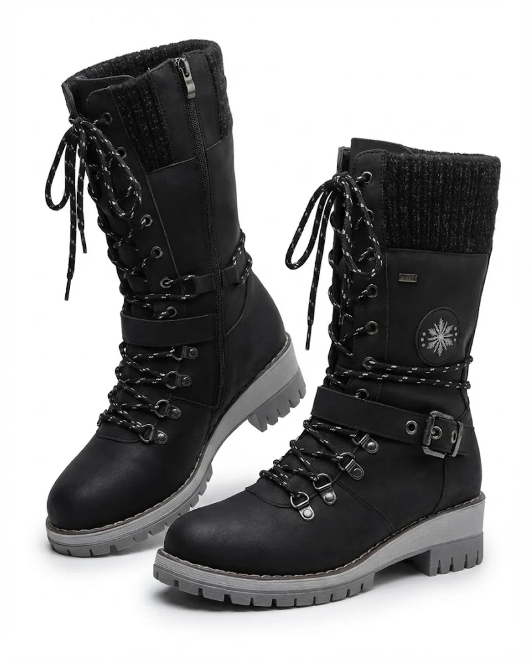 Cordelia™ | Knit-cuff buckle-strapped lace-up hiking boots