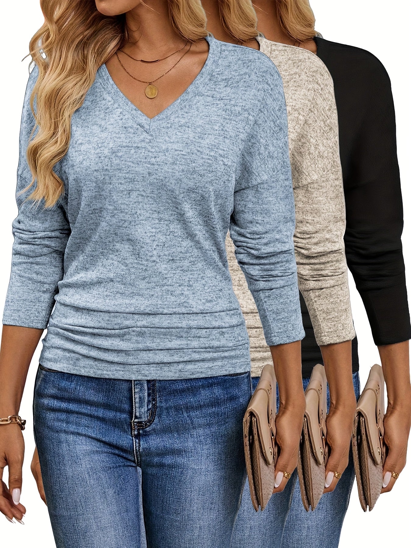 Maura™ | Soft and Stretchy V-Neck T-Shirt | 3-Pack Colors