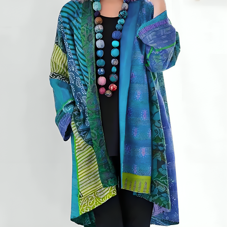 Eden™ | Patchwork Print Open-Front Kimono Cardigan