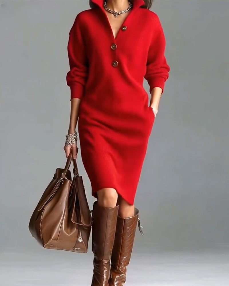 Rosetta™ | Ribbed Knit Button-Front Polo Sweater Dress