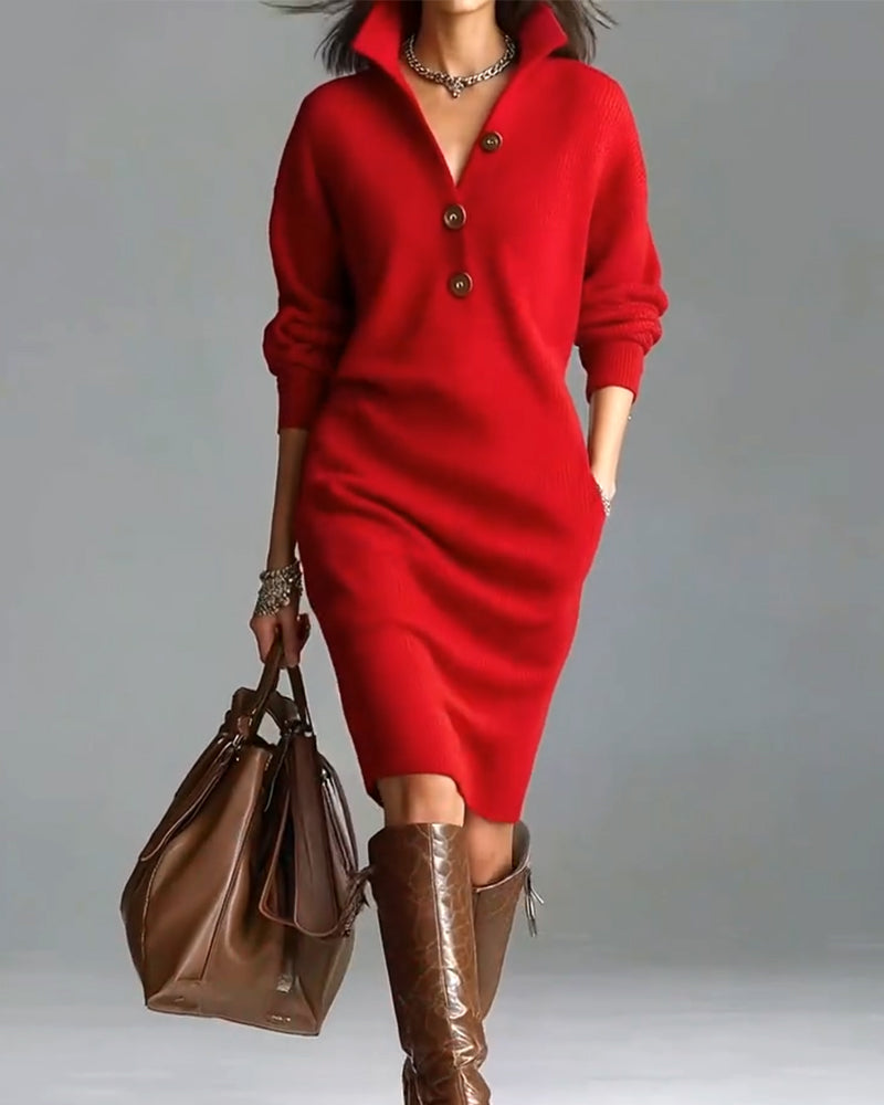 Rosetta™ | Ribbed Knit Button-Front Polo Sweater Dress