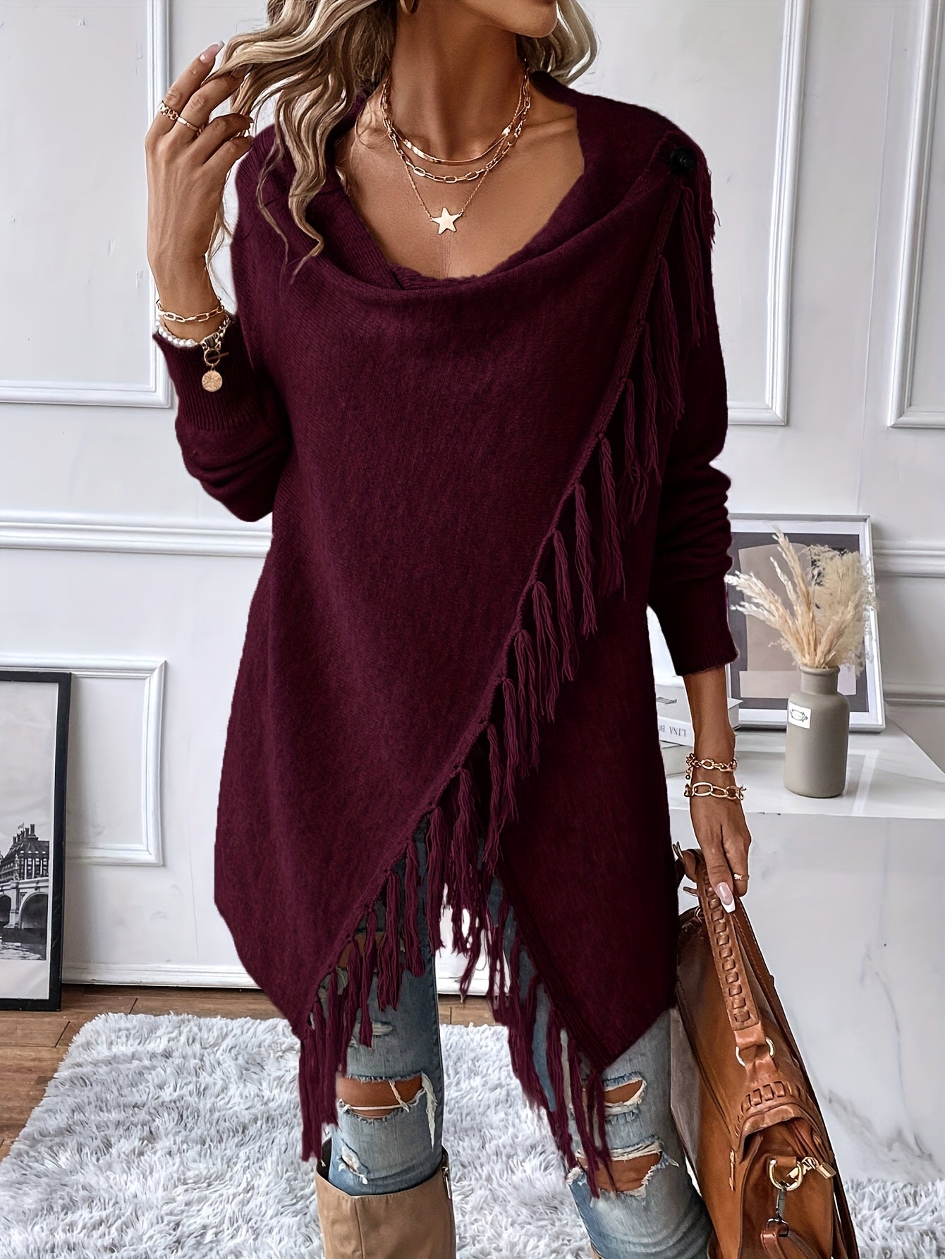 Arabelle™ | Elegant Shawl with Draped Collar and Fringes