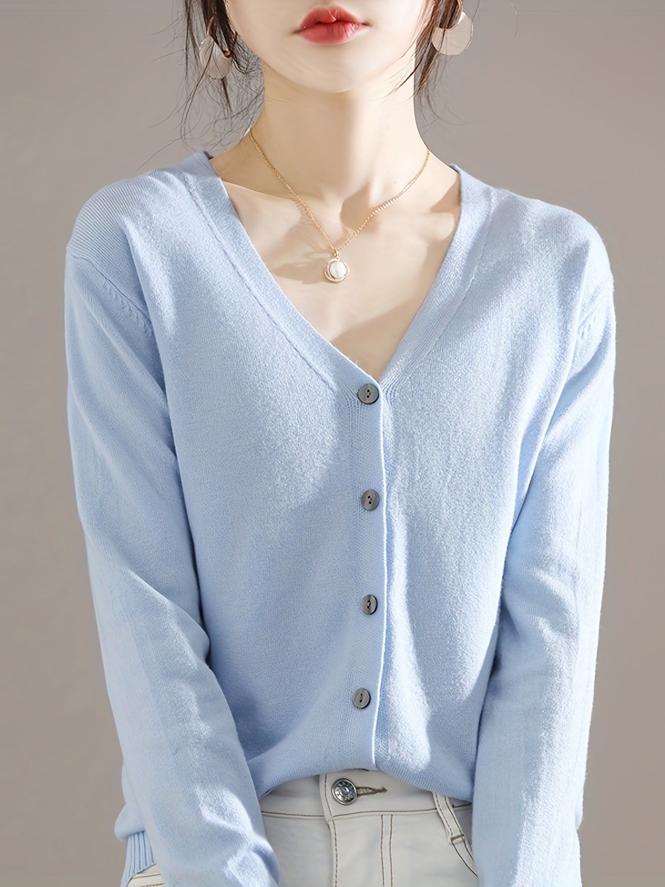 Solène™ | Button-Front Ribbed-Cuff V-Neck Cardigan Sweater