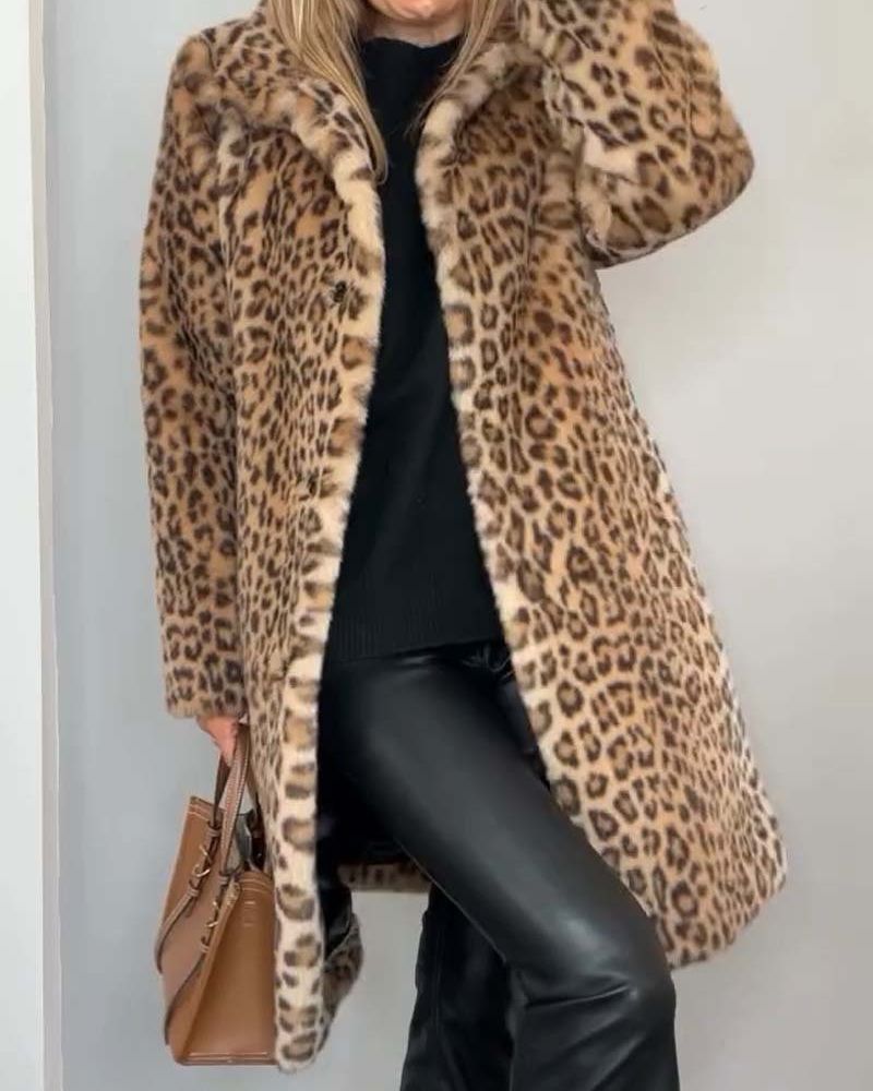 Séverine™ | Leopard Plush Longline Coat Overcoat