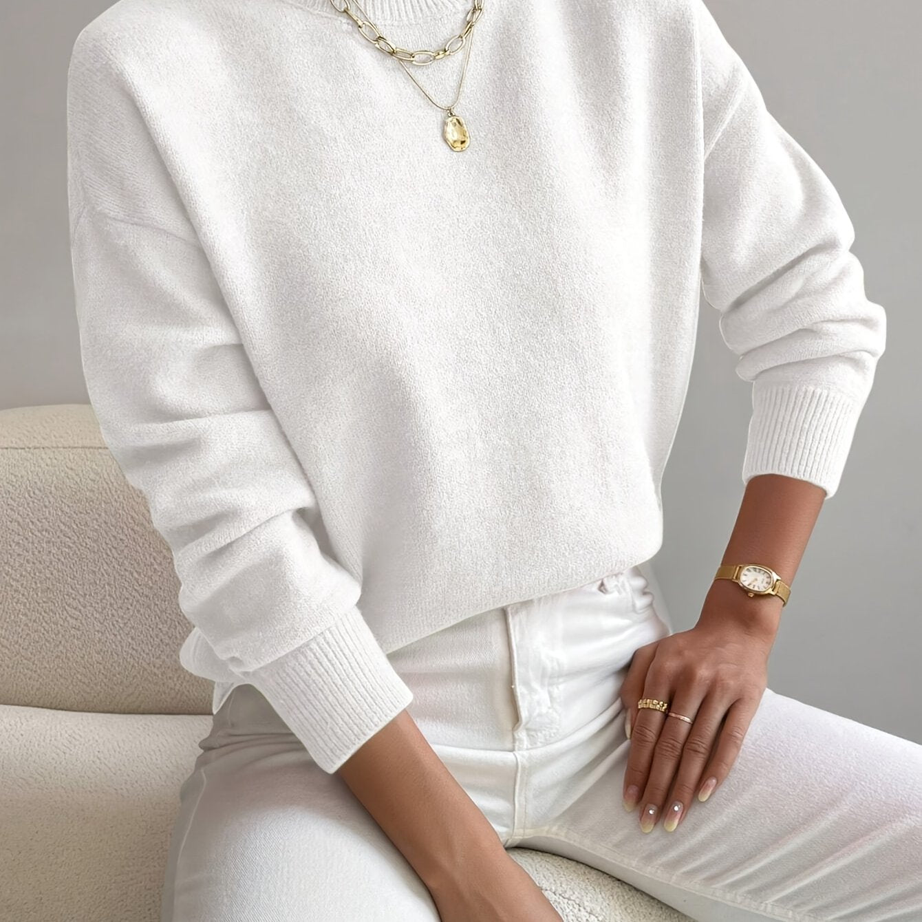 Roslyn™ | Ribbed-Trim Long-Sleeve Mock-Neck Sweater
