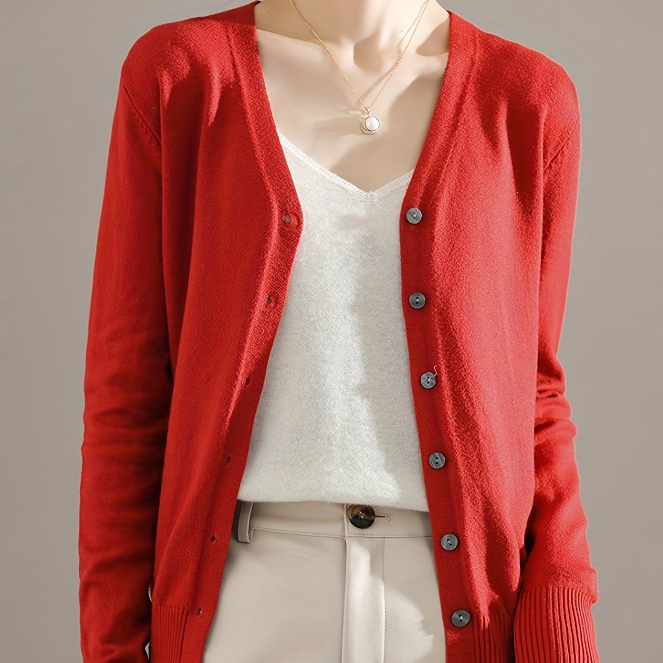 Solène™ | Button-Front Ribbed-Cuff V-Neck Cardigan Sweater