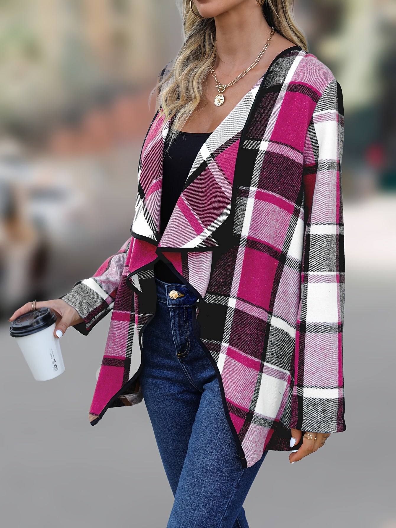Yousra™ | Plaid Open-Front Waterfall Cardigan