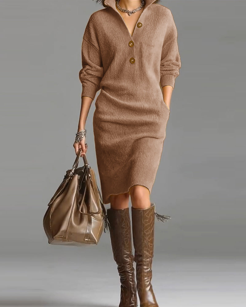 Rosetta™ | Ribbed Knit Button-Front Polo Sweater Dress