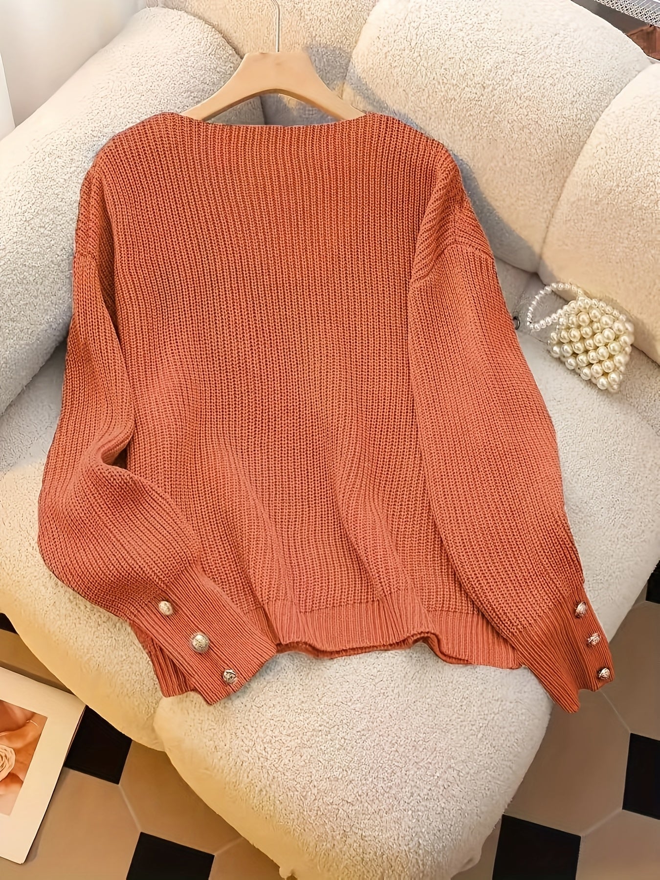 Vivian™ | Ribbed Knit Button-Cuff V-Neck Sweater