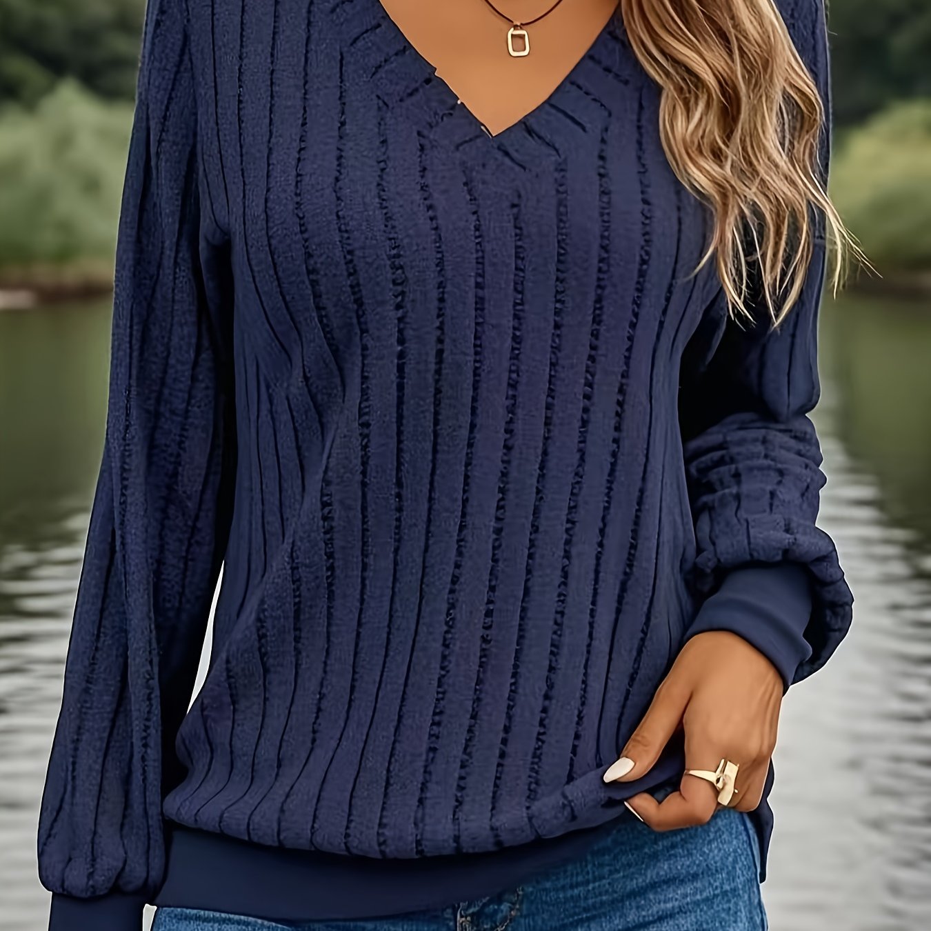 Anouk™ | Ribbed Knit Long-Sleeve V-Neck Pullover Sweater