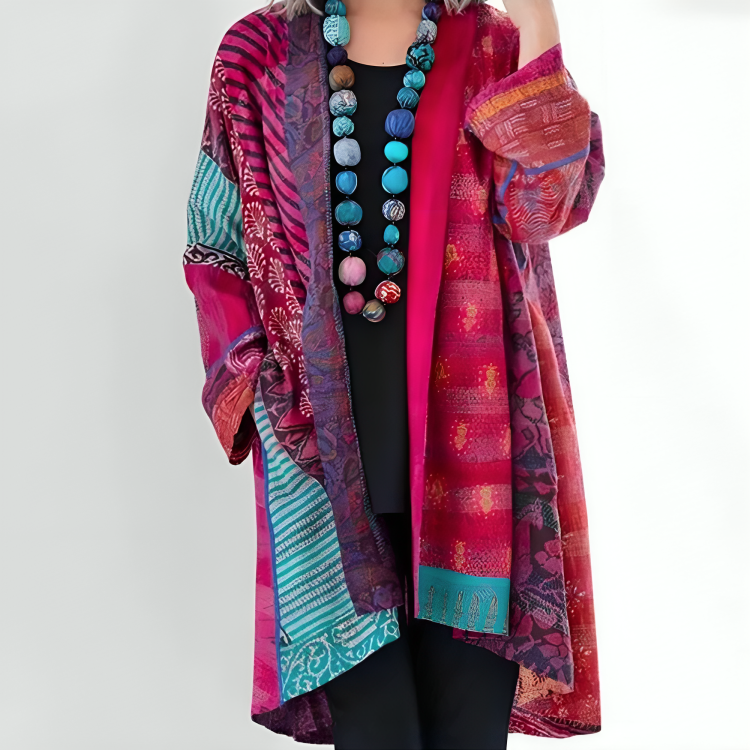 Eden™ | Patchwork Print Open-Front Kimono Cardigan
