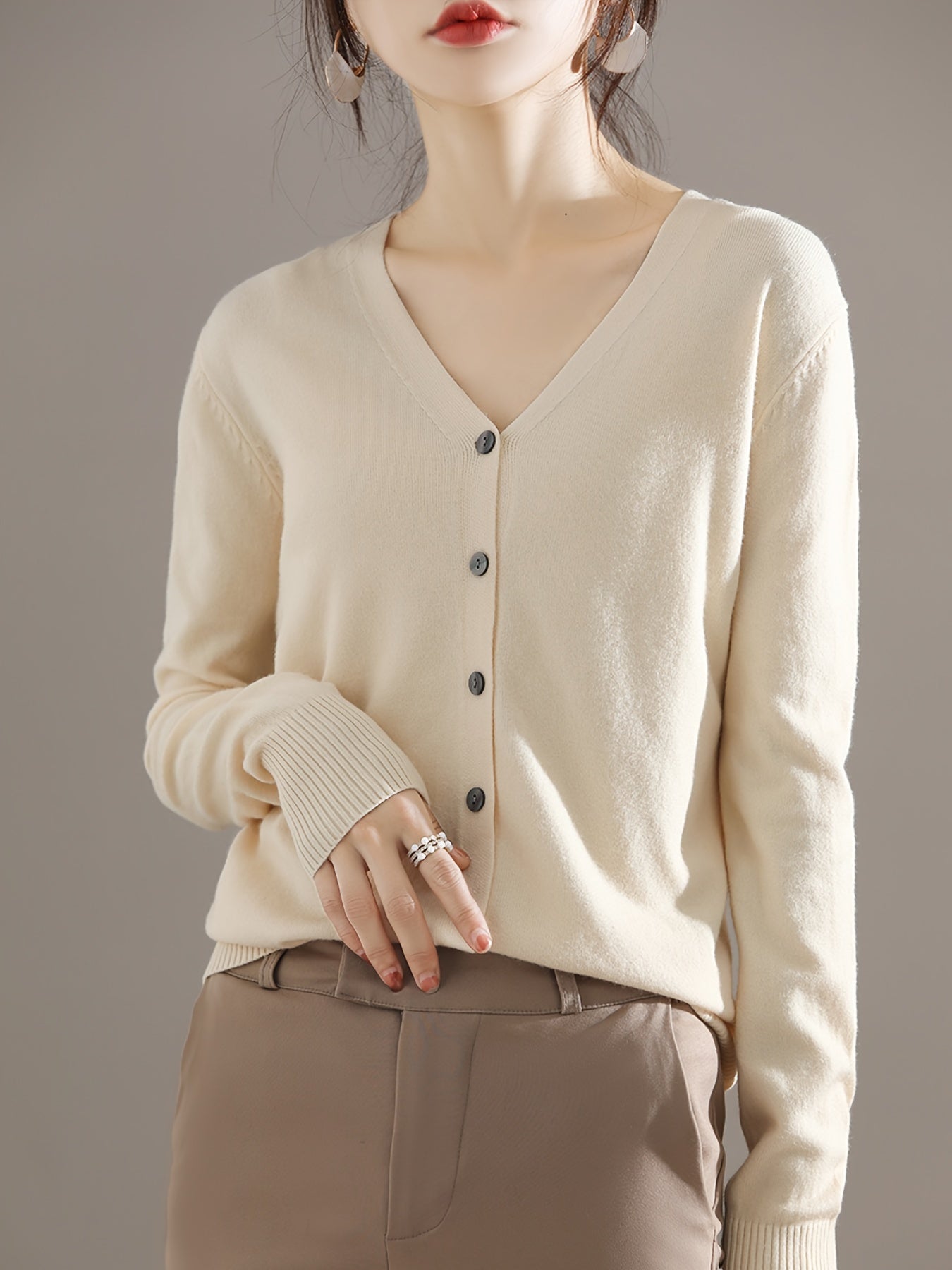Solène™ | Button-Front Ribbed-Cuff V-Neck Cardigan Sweater