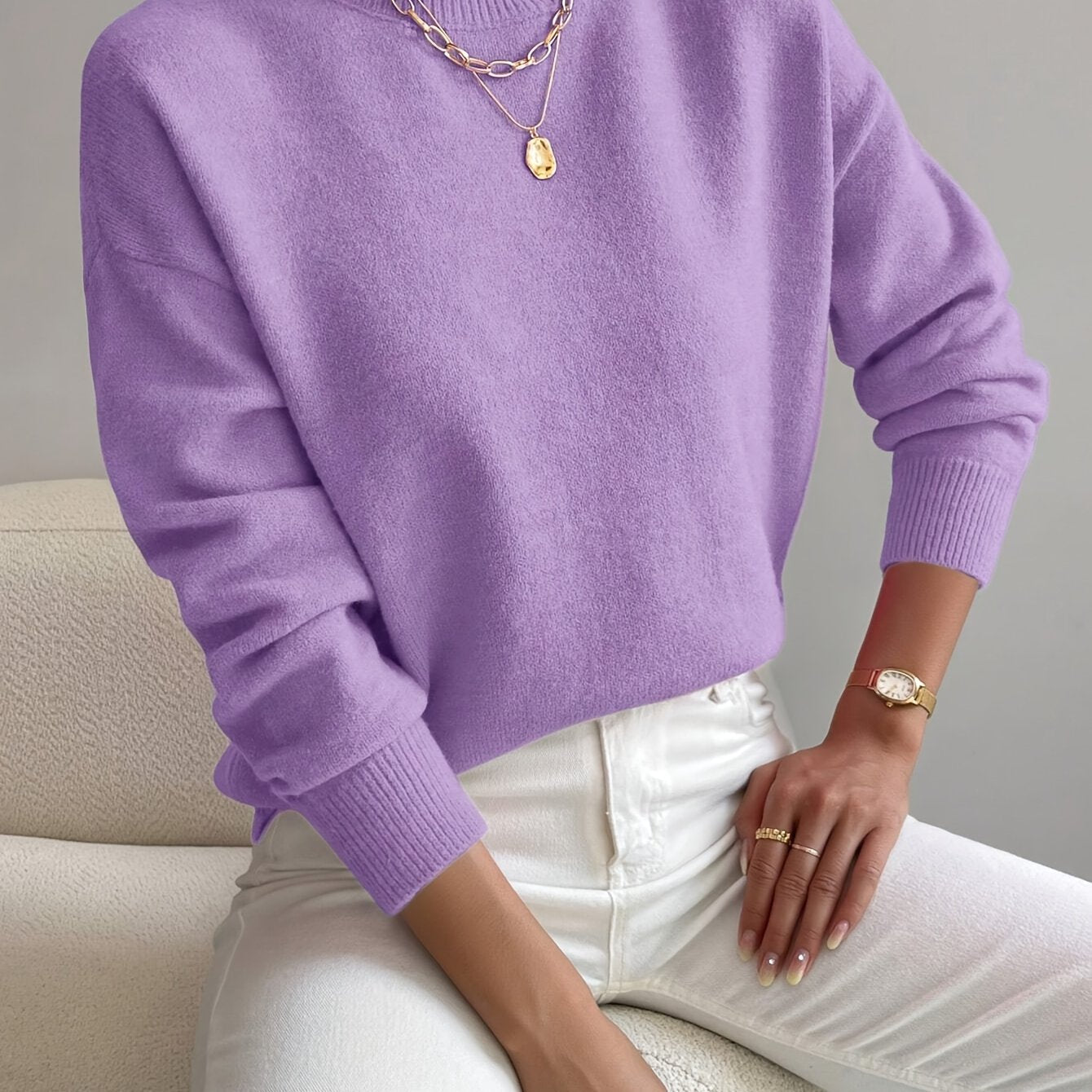 Roslyn™ | Ribbed-Trim Long-Sleeve Mock-Neck Sweater