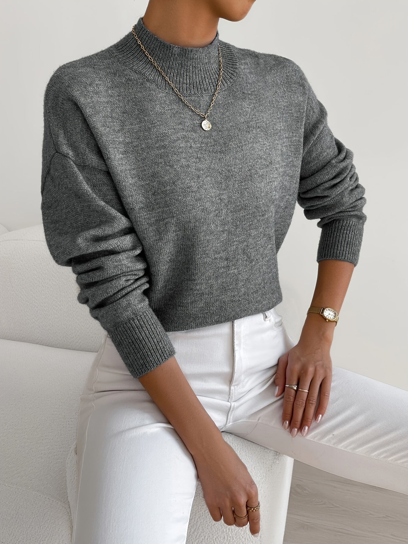 Roslyn™ | Ribbed-Trim Long-Sleeve Mock-Neck Sweater