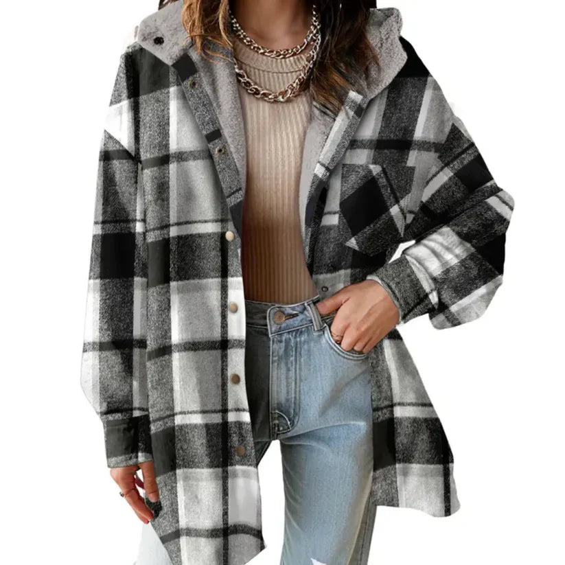 Maeva™ | Plaid Sherpa-Lined Hooded Shirt Jacket
