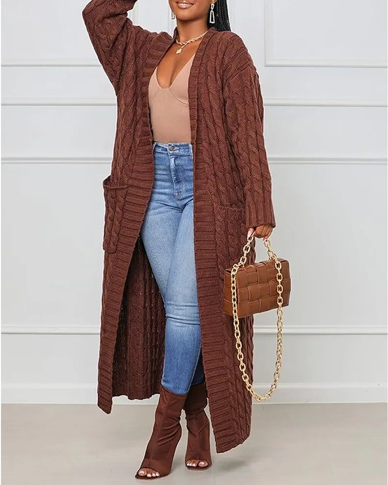 Indira™ | Extra-Long Cable-Knit Pocket Cardigan
