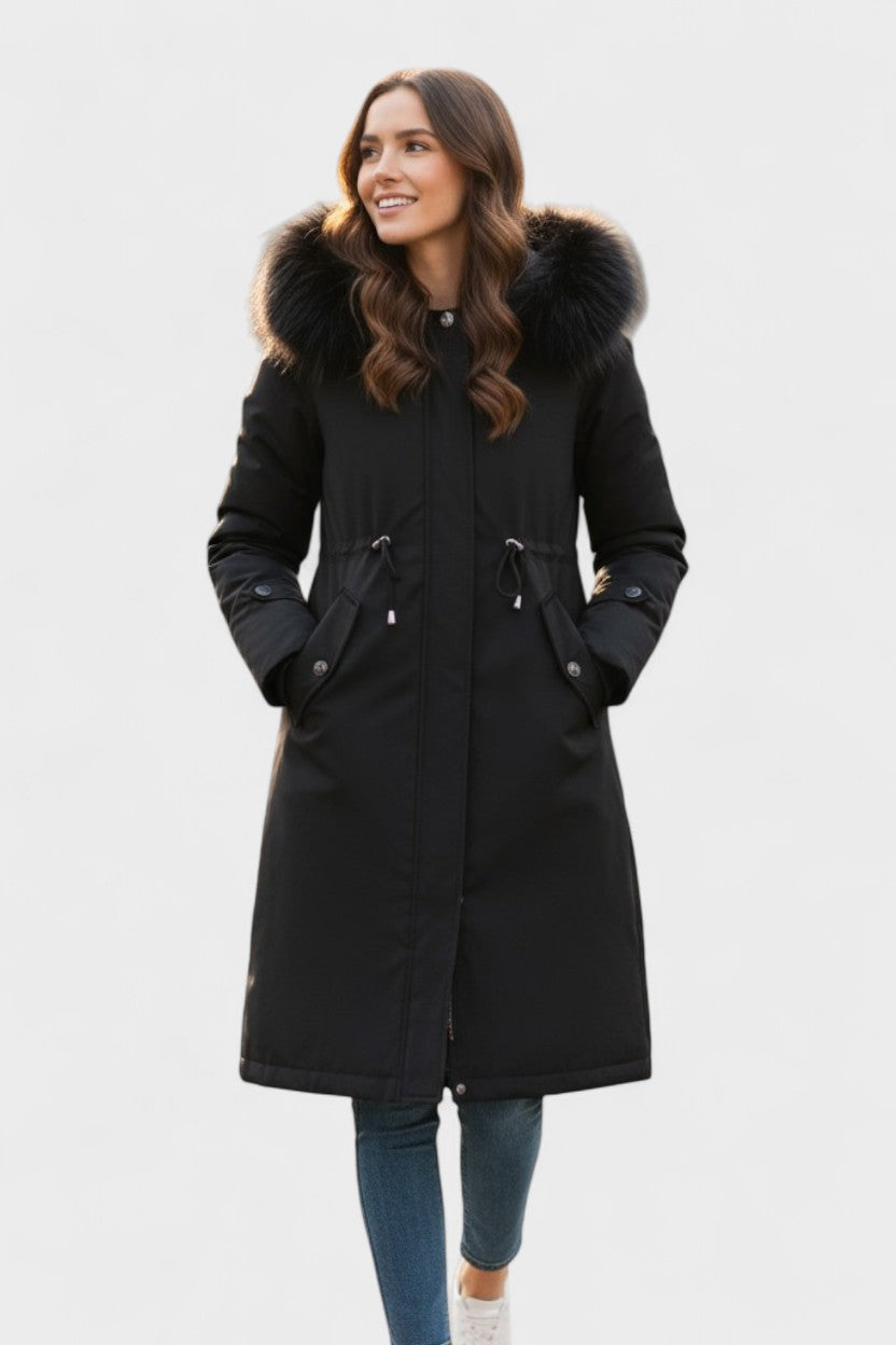 Diora™ | Faux-Fur Hood Drawstring-Waist Anorak Coat