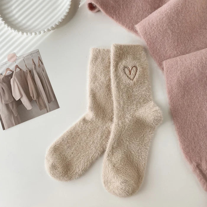 Soft Fuzzy Cozy Socks with Sweet Heart Embroidery