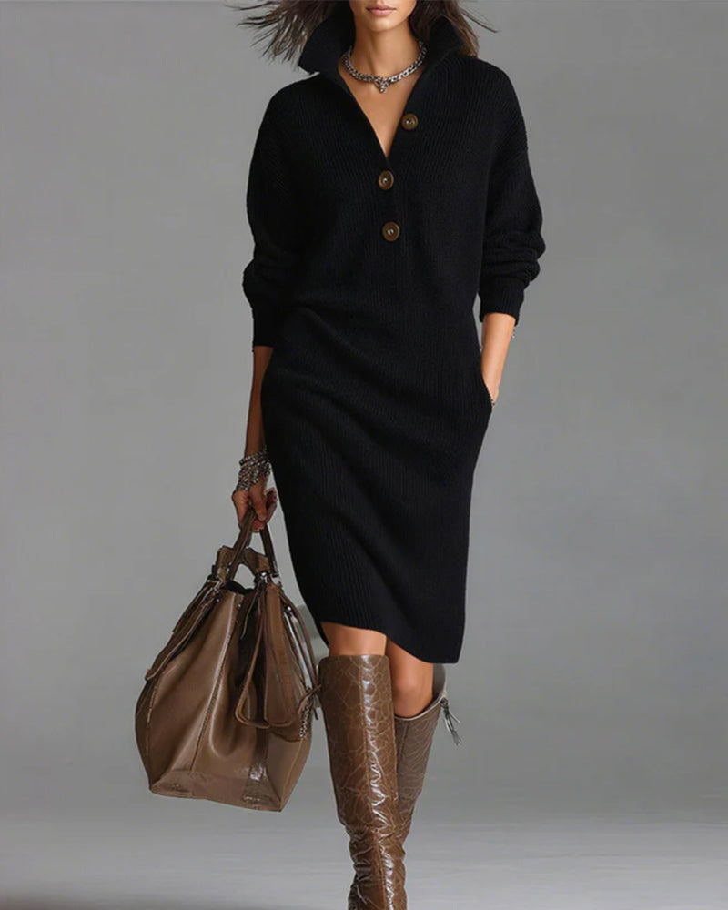 Rosetta™ | Ribbed Knit Button-Front Polo Sweater Dress
