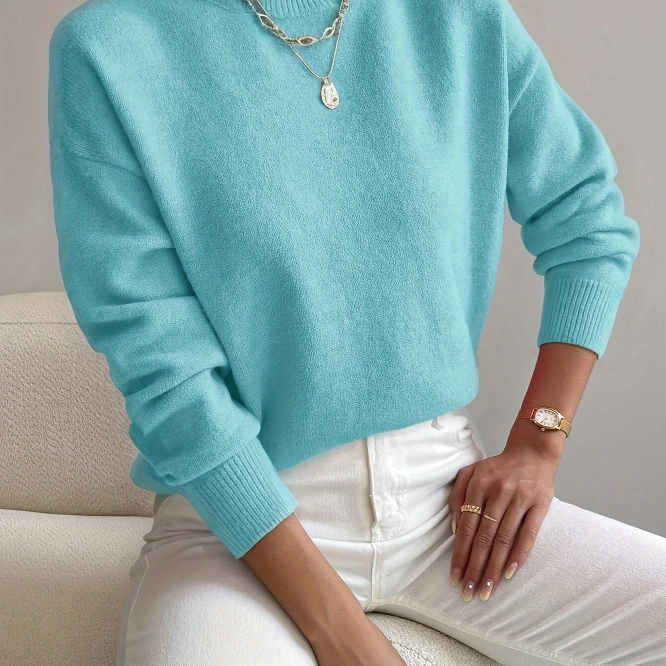 Roslyn™ | Ribbed-Trim Long-Sleeve Mock-Neck Sweater