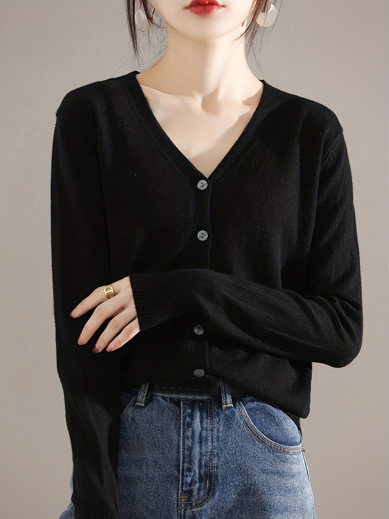 Solène™ | Button-Front Ribbed-Cuff V-Neck Cardigan Sweater