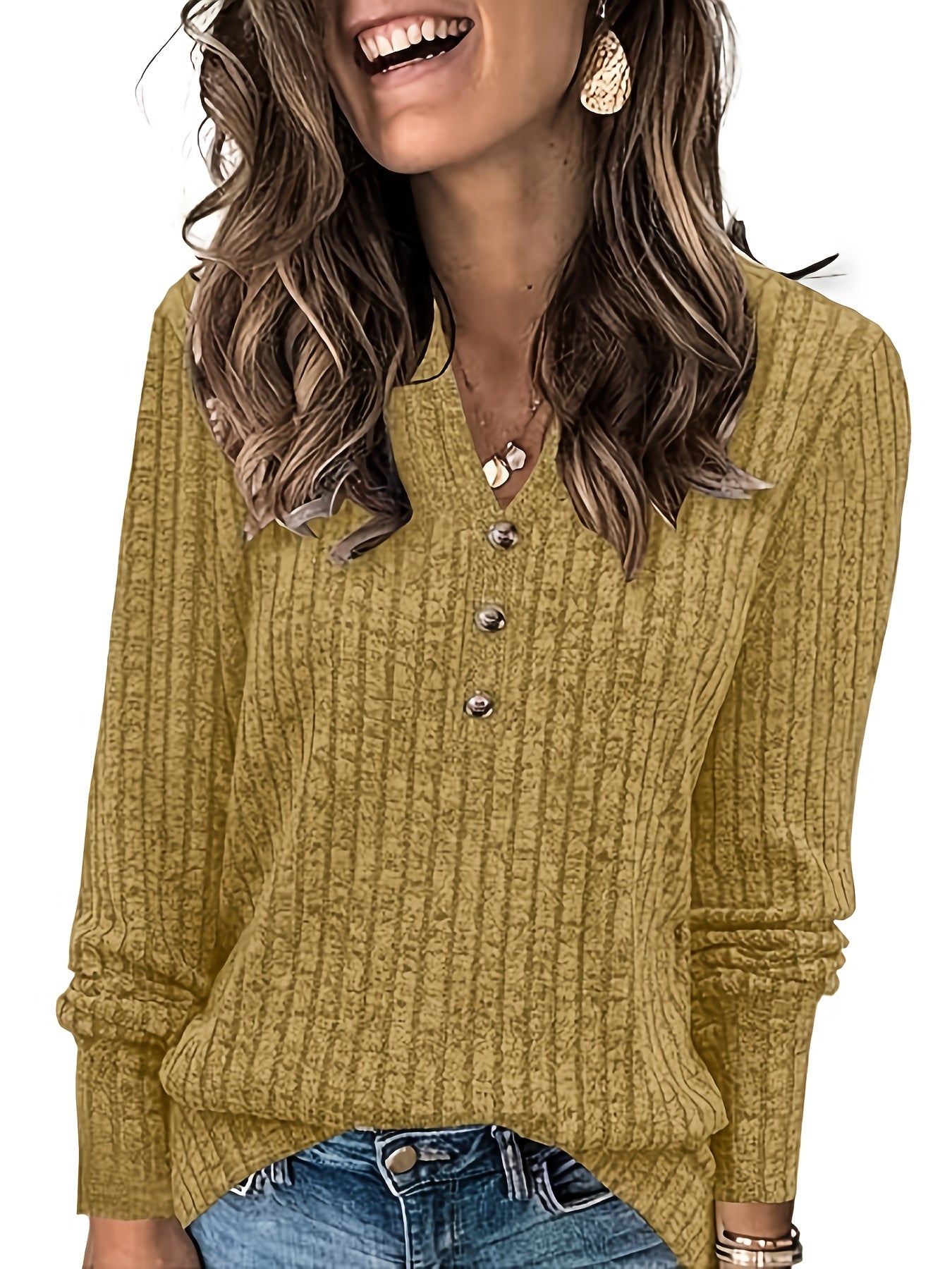 Wendy™ | Ribbed Knit Button-Front Henley Sweater