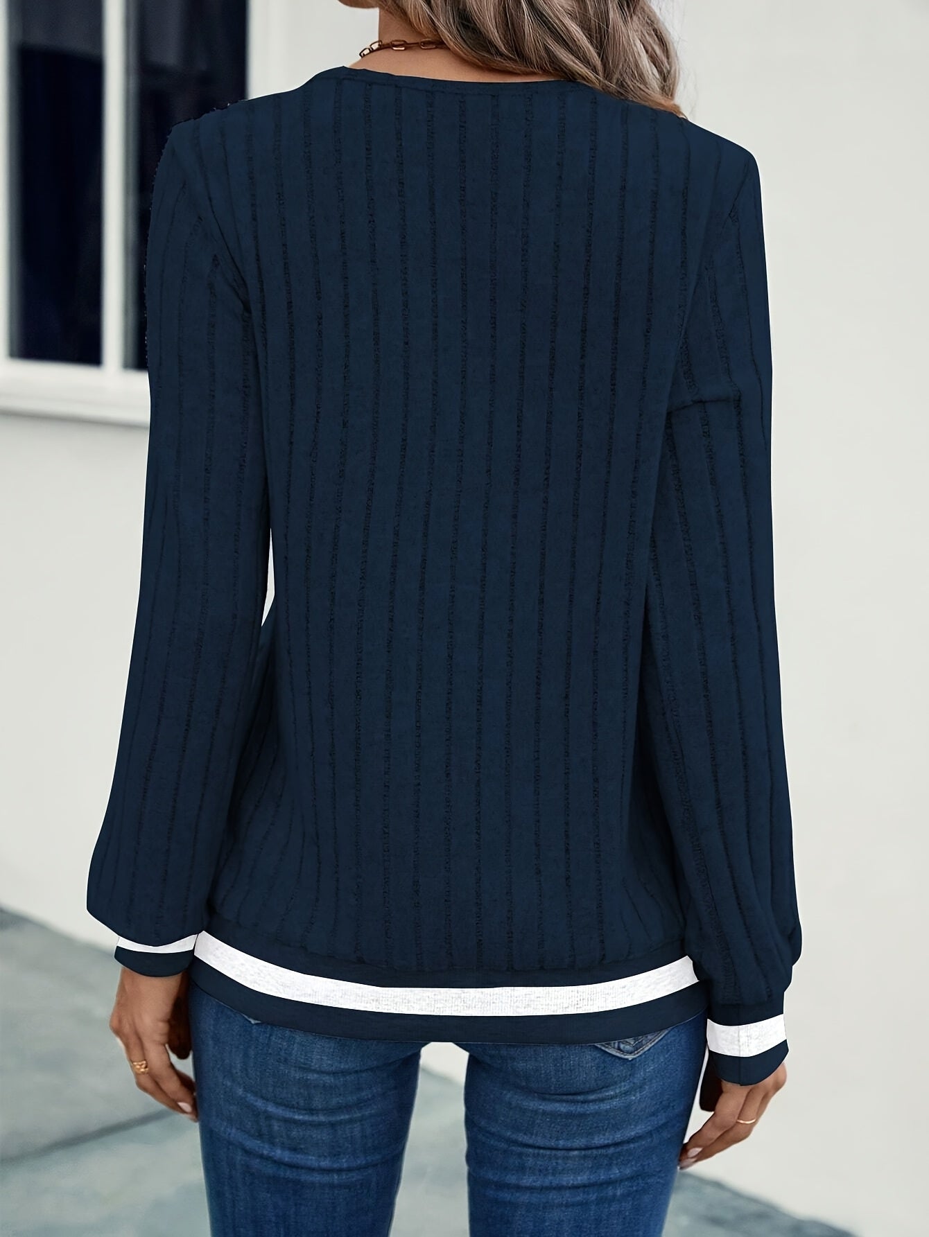 Yara™ | Ribbed Knit Contrast-Trim V-Neck Sweater
