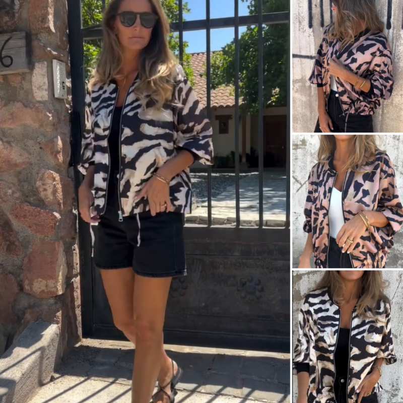 Zelda™ | Zip-Up Zebra Print Bomber Jacket